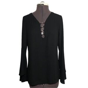 Rock & Republic Polyester V Neckline‎ With Metal Detail Bell Sleeve Top XS